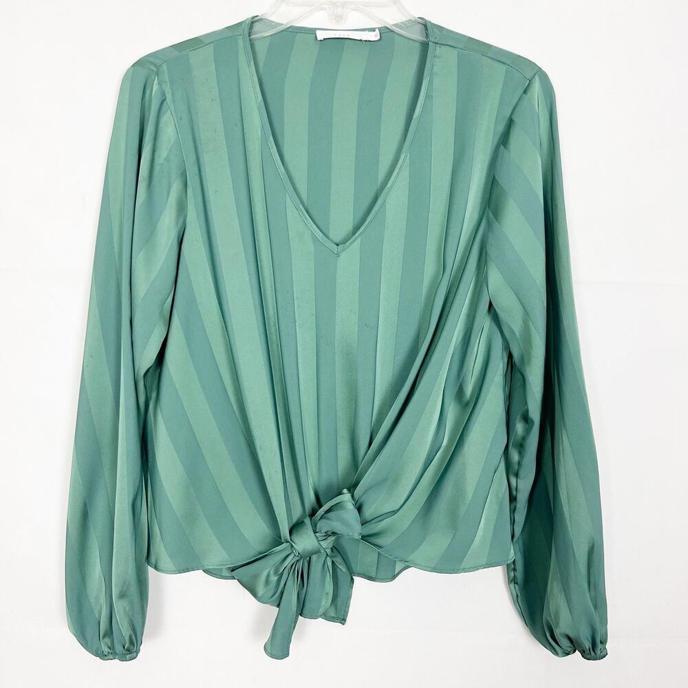 Lush Balloon Sleeves Tie-Front Striped Green Top XS
